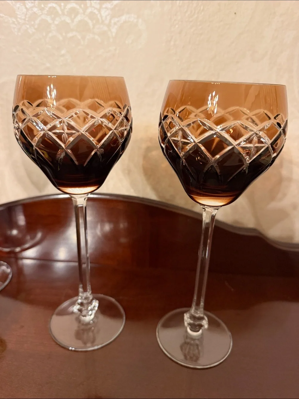Pair Vintage Cut to clear Glass Wine Goblets